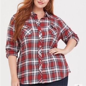 Torrid Plaid Size Large 3 (3XL) Red White & Blue Camp Long Sleeve Cotton Shirt